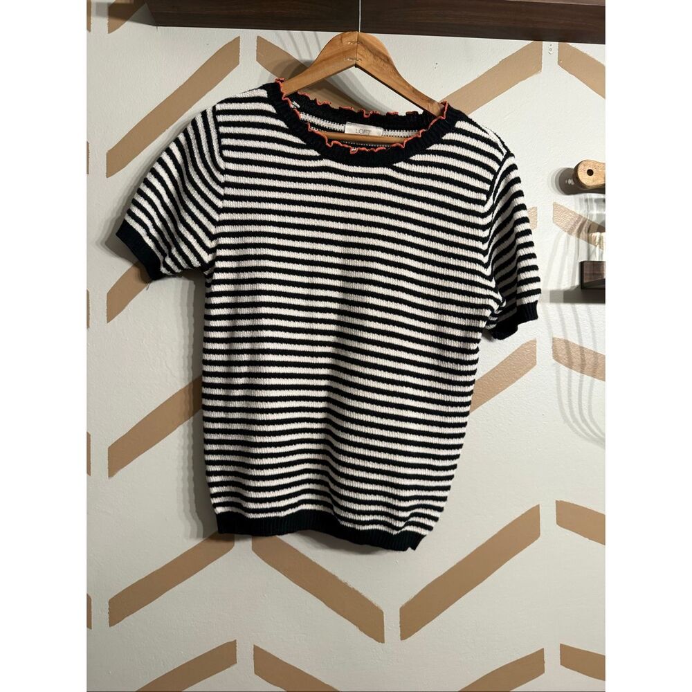 Loft Black White Striped Knit Ruffle Crew Neck Short Sleeve Blouse Size Small